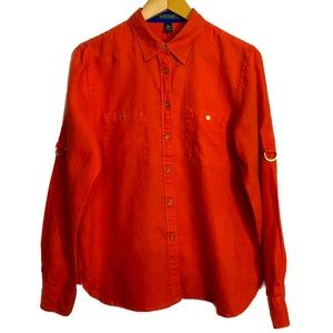 Lauren Ralph Lauren Orange Linen Button Down blouse. Gold buttons & sleeve loops